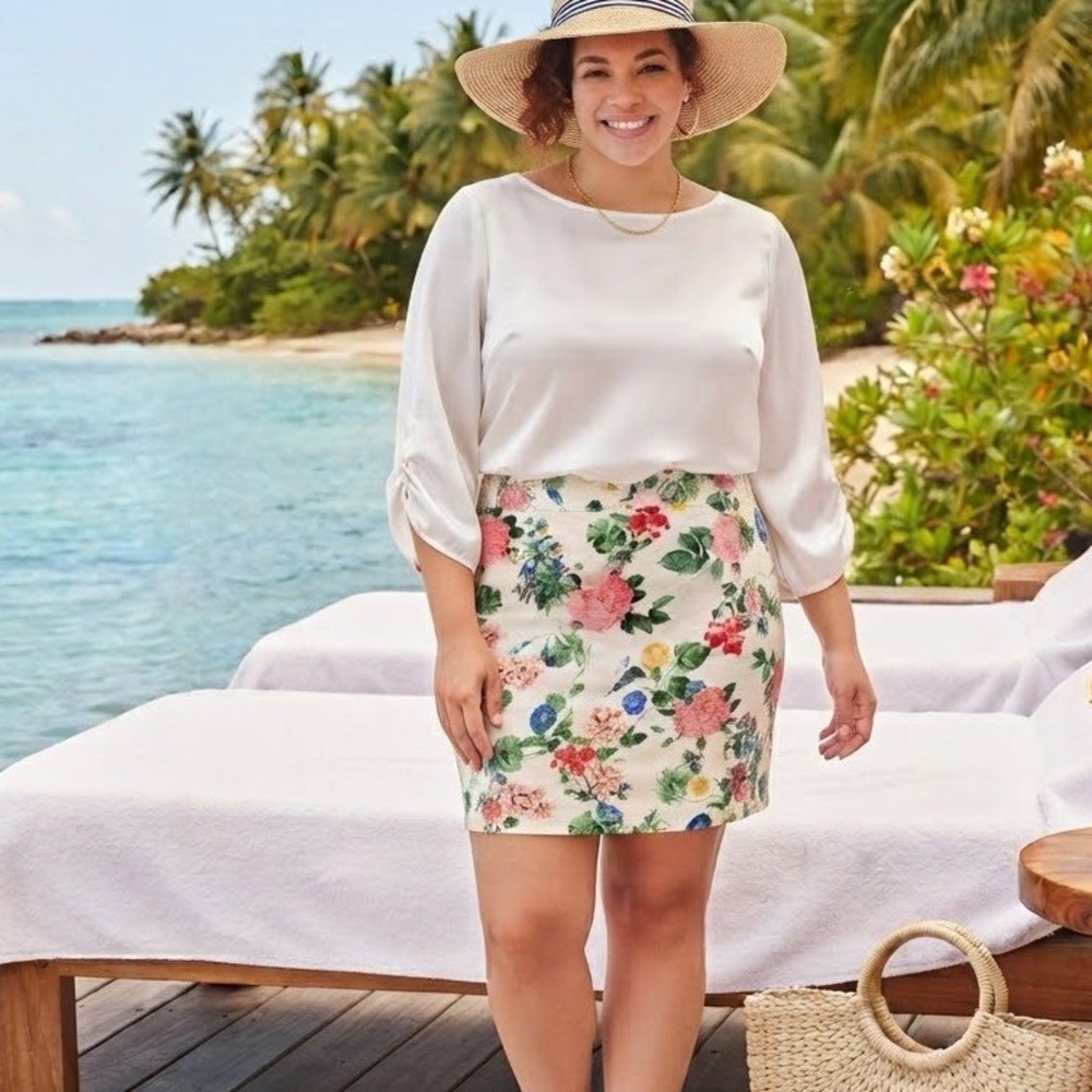 Old Navy Linen Blend Floral Skirt Womens 3X White Garden Party Cottagecore Beach